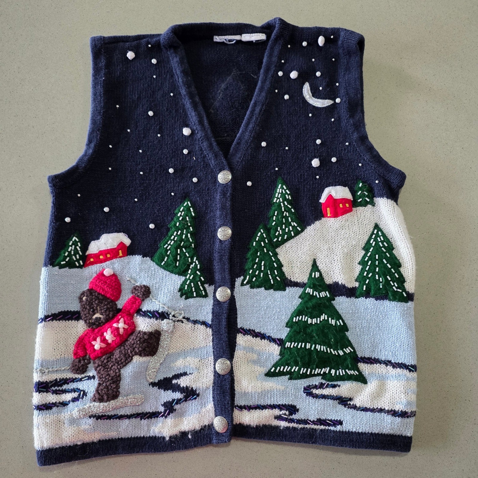 Vintage Winter Skiing Teddy Bear Sweater Vest Navy Blue Beaded Holiday Small