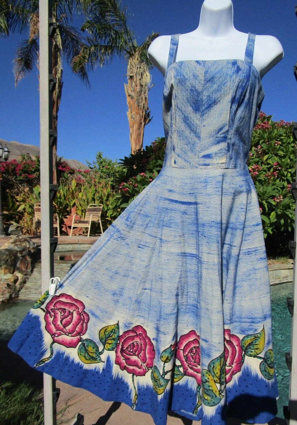Vintage 1950s Mexican handpainted full dress sequins 36/38″ bust 31″ waist midi