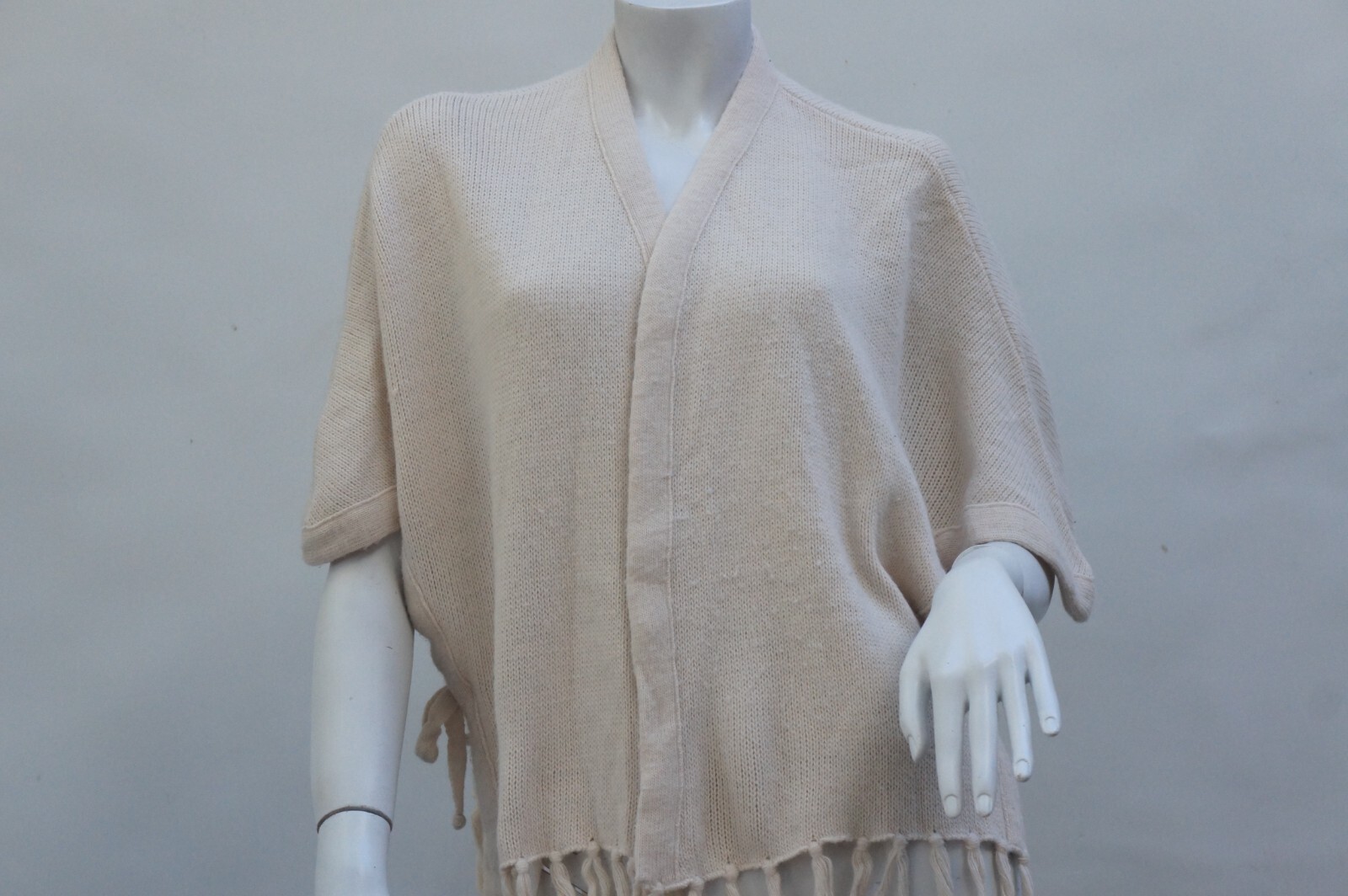 Vintage 70s Knit Creme White Fringe Poncho Jacket Sweater Cardigan By Milrank