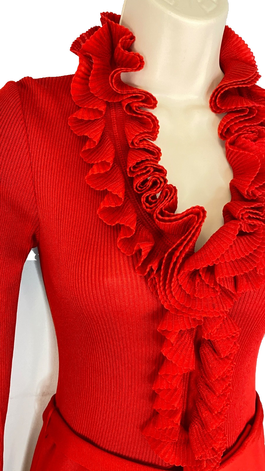 Vintage 1970s red ruffle maxi dress long sleeve flounce A-line Victorian style