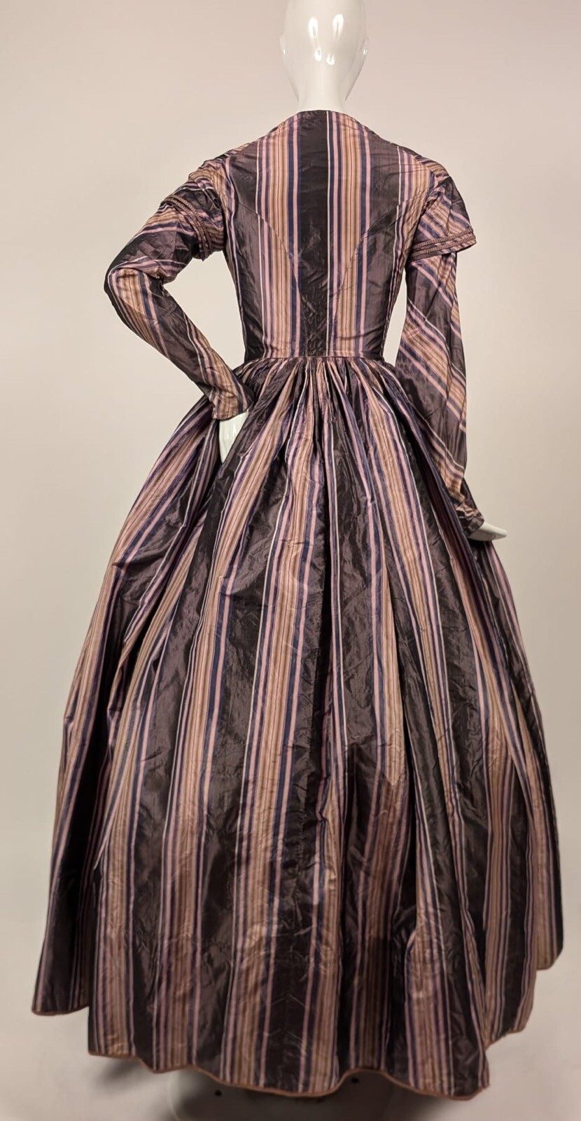 VIBRANT STRIPED HAND SEWN 1840’S SILK TAFFETA DRESS W EPAULETS