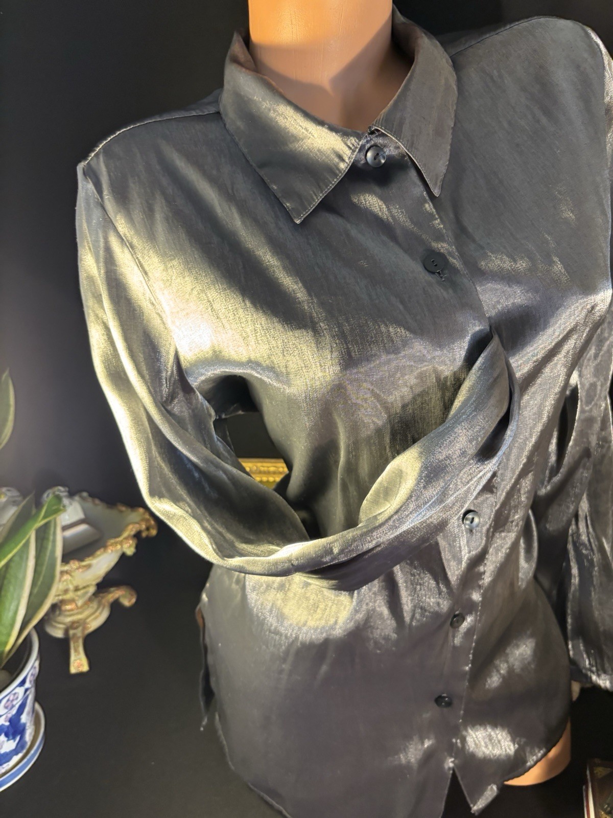 Vtg Satin Secretary Office Button Up Notch Silver Office Y2k Blouse L 42″