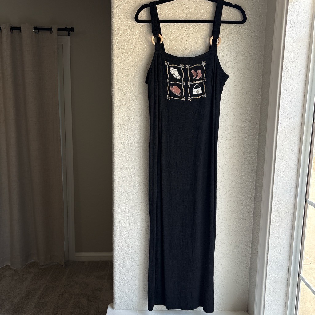 Jessica Howard Vintage Womens 10 Maxi Dress Black Graphic Ring Strap Slit Crepe