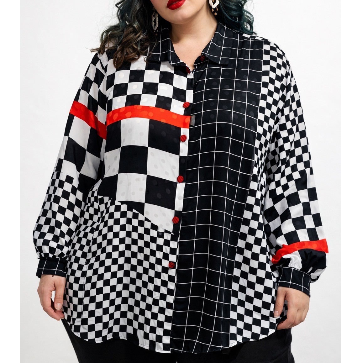 Angela Marie for Chez Vtg Satin Red Black Checkered Artistic Tunic Blouse Sz 20