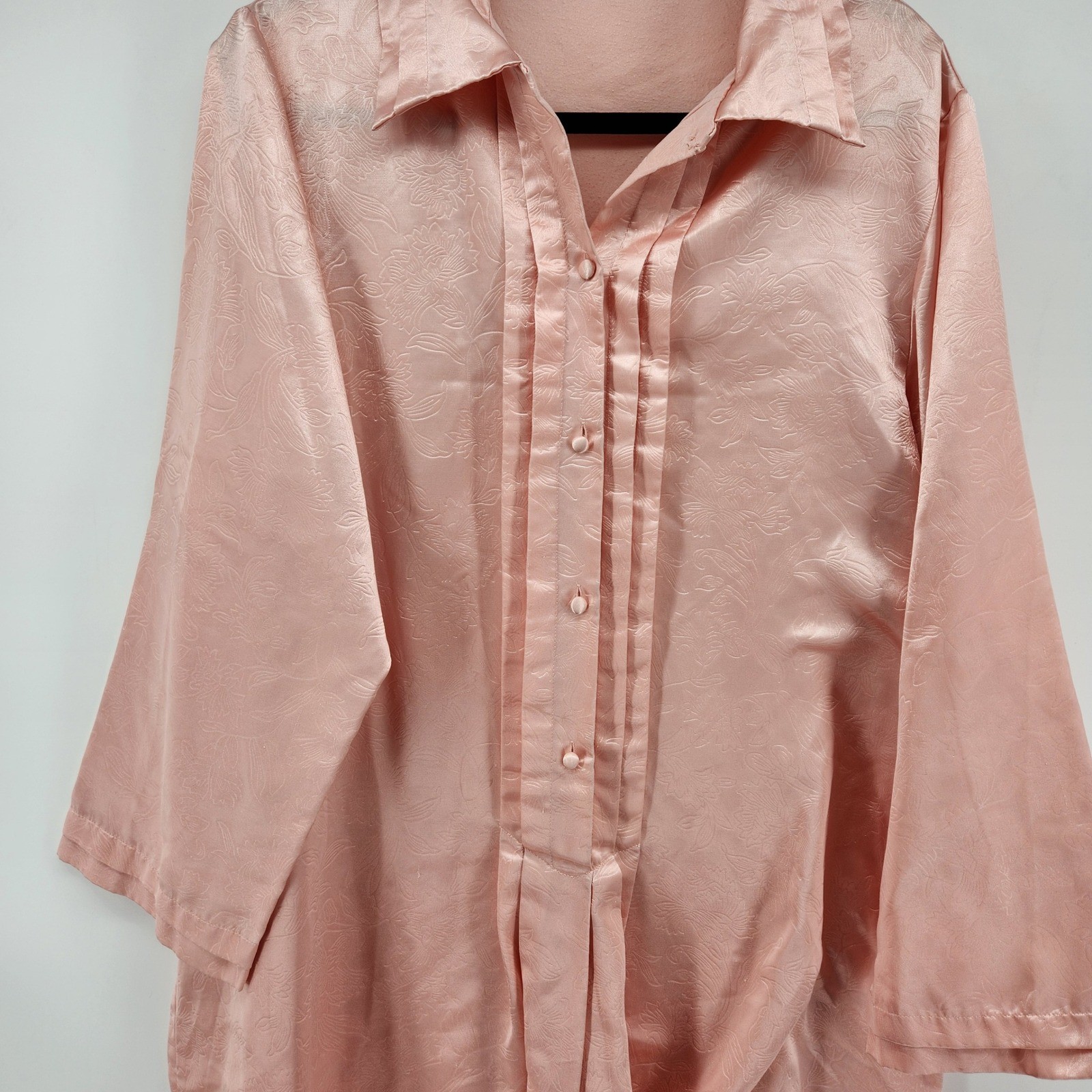 Vintage Vanity Fair Nightshirt Peach Pink Satin Floral Jacquard Button Front M