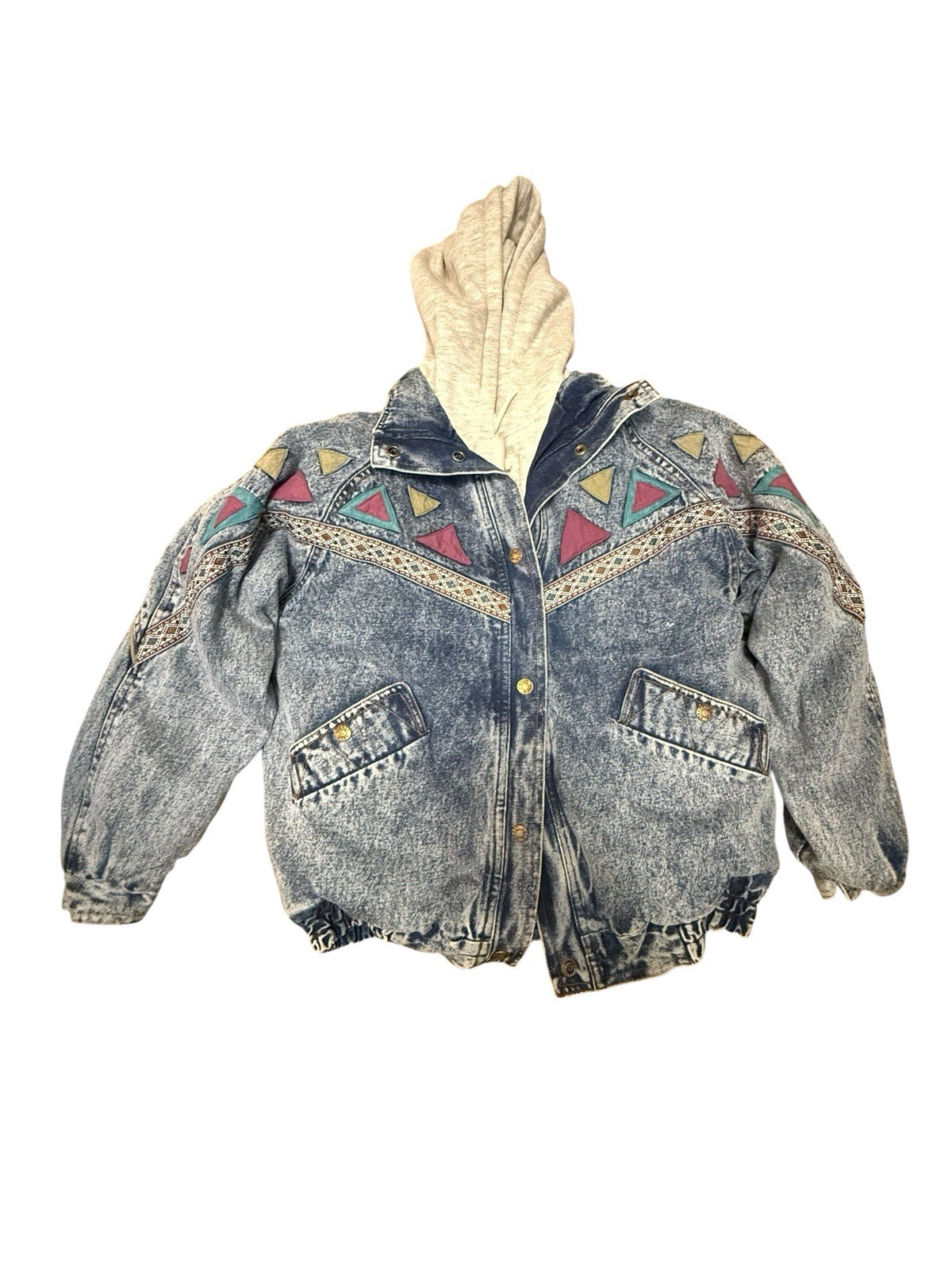 Street Worn VTG Acid Wash Denim Hoodie Jacket Aztec 90s Style Streetwear Sz 10