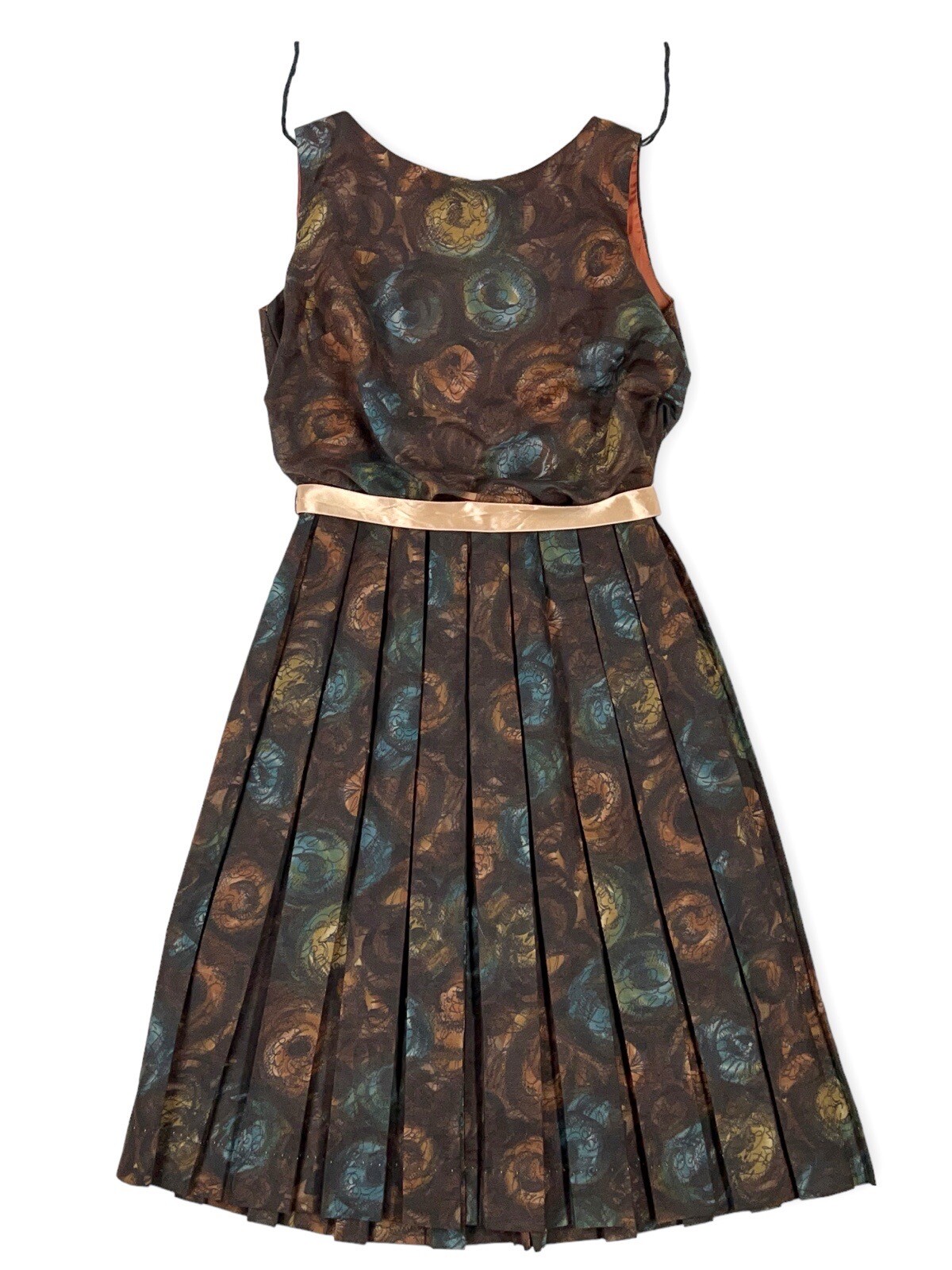 1950S BROWN BLUE FLORAL ABSTRACT NOVELTY DAY DRESS MS MAISEL S