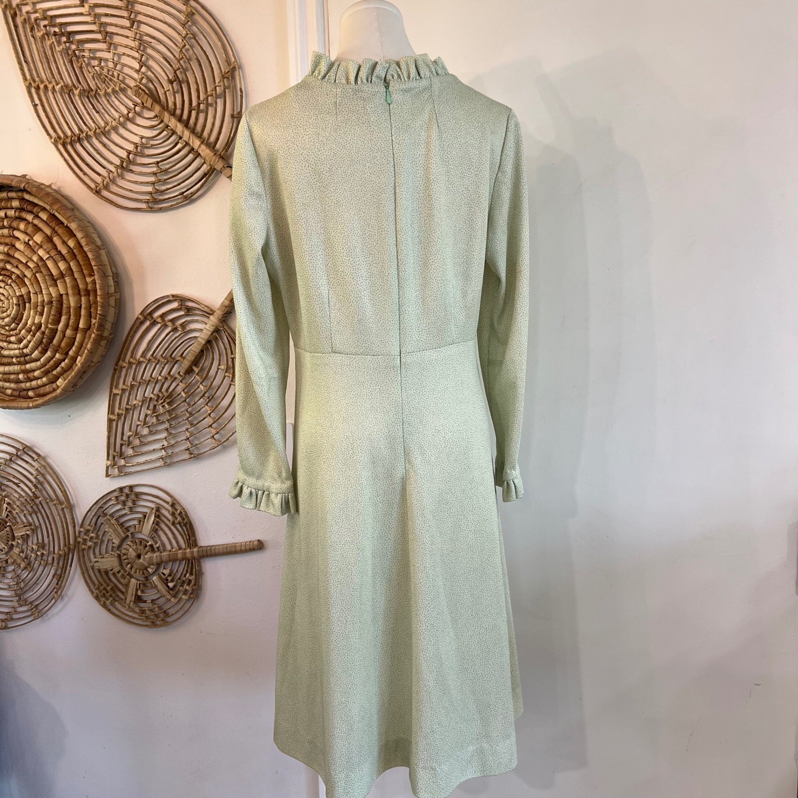 Vintage 70s Handmade Microdot Sage Green Ruffle Empire Midi Dress Cottagecore L