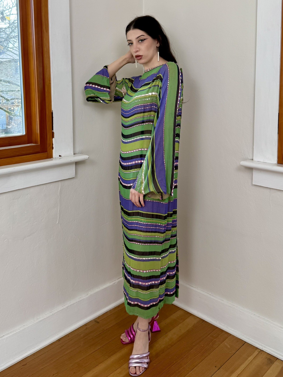 RARE AS IS 1970s Pauline Trigere Silk Glass Rhinestone Bell Sleeve Kaftan Dress
