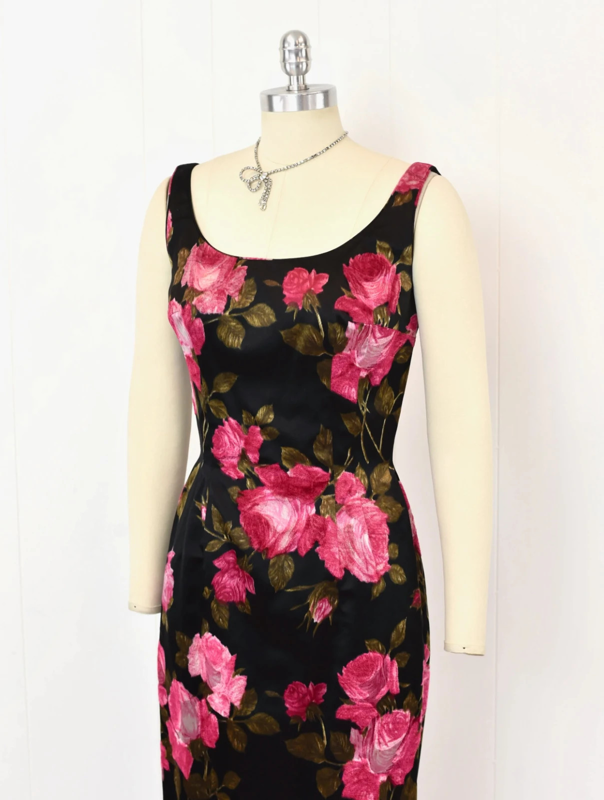 Vintage 1960s Mr. Blackwell Pink Floral Black Silk Gown Dress with Matching Wrap