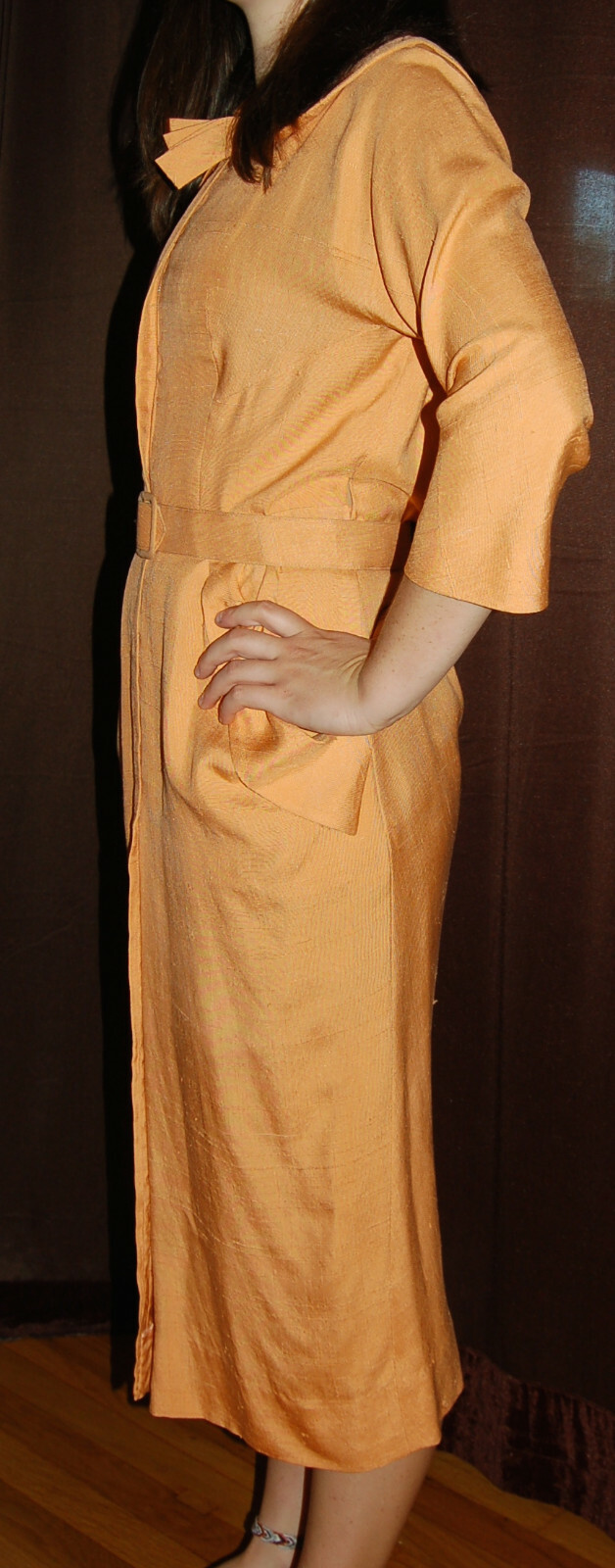 Vtg Highlight Fashion Original Apricot Raw Silk Hidden Zip-Front Dress