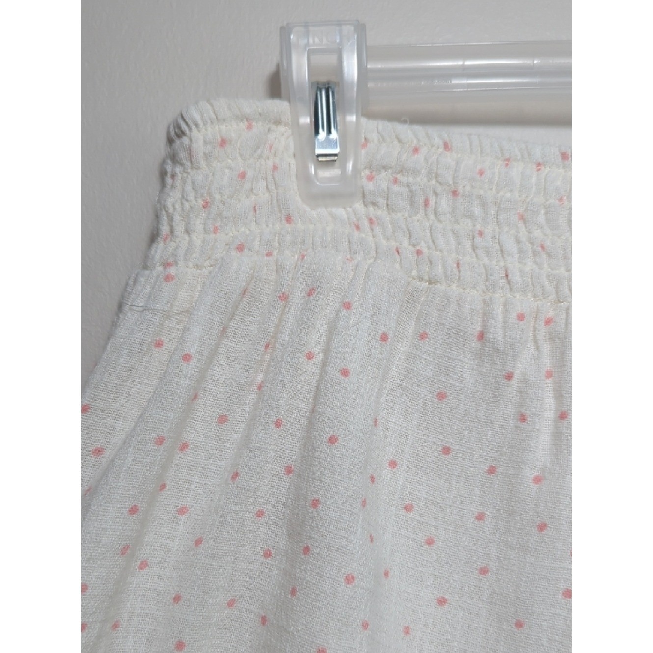 Vtg Y2K White and Pink Polka Dot Smocked Waist Mini Skirt XL Coquette Feminine
