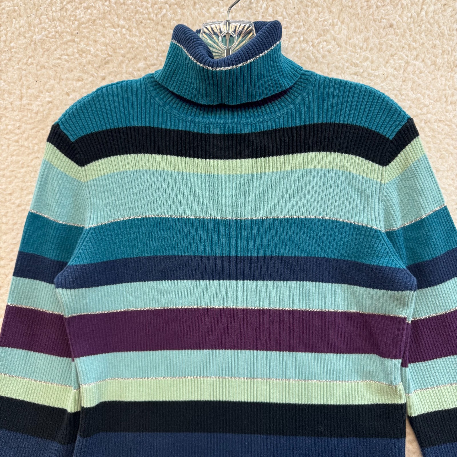 Y2K Vintage Striped Turtleneck Sweater Large XL Womens Blue Purple Rib Knit
