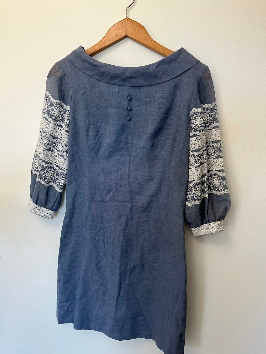 Vintage Jonathan Logan Blue Prairie Mini Dress Lace Boho Cottagecore XS/S
