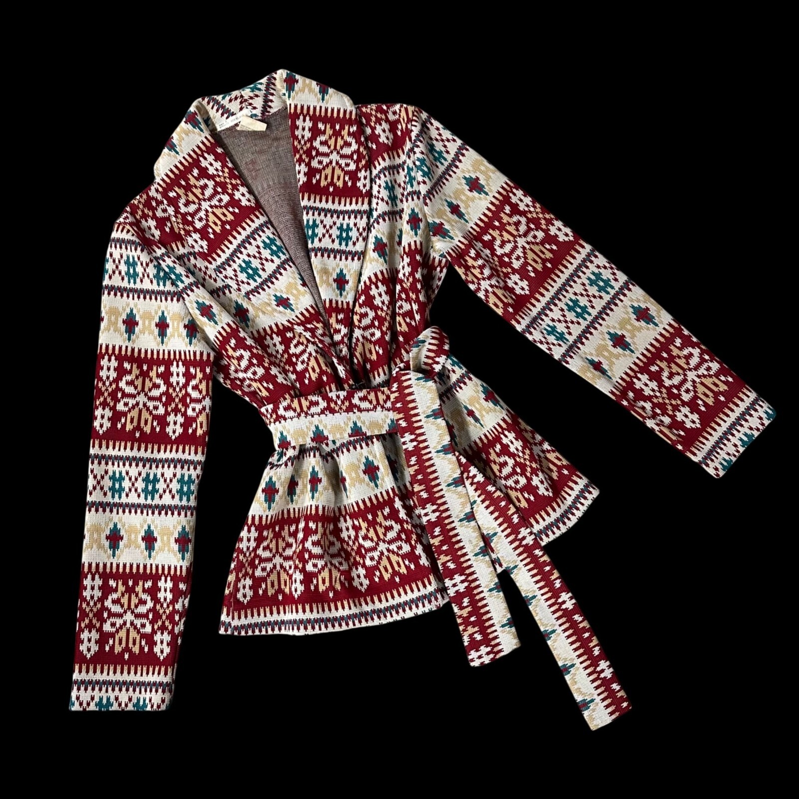 Vintage Cardigan Jacket 1970s Jane Colby USA Aztec Belted Maroon Teal Medium