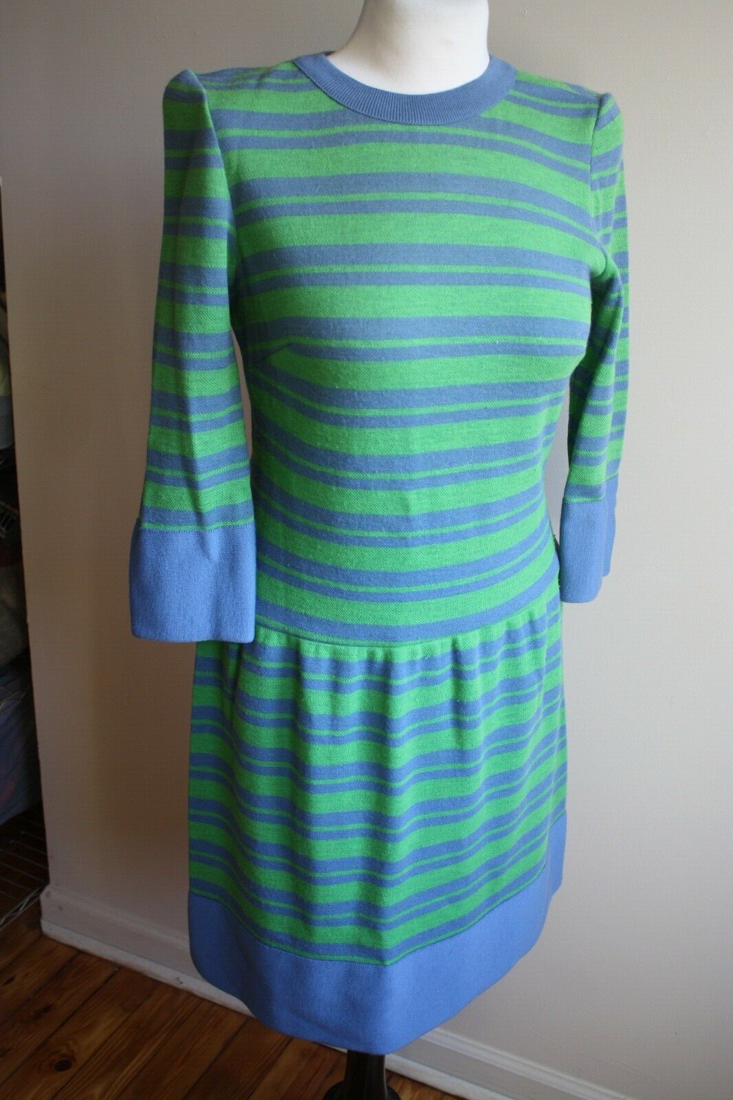 Vtg 60s Emery Knits 11 Micia Jr. Knit Green Blue Stripe Dress Union USA