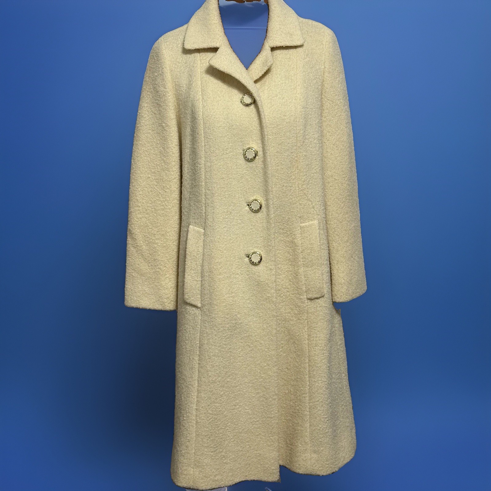 Vintage Shagmoor Cream Wool Button Front Bouclé Coat Size Large FLAWS