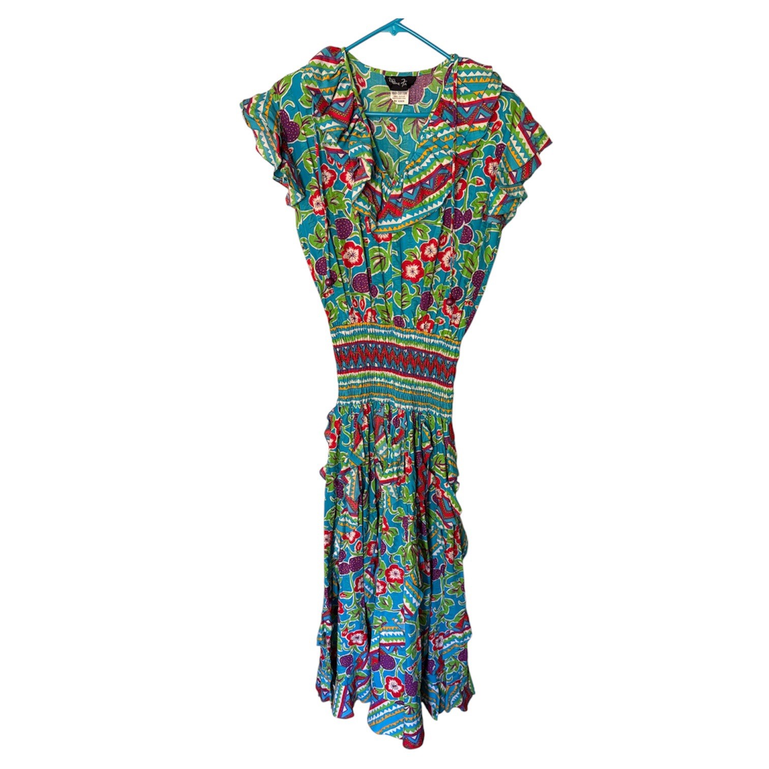 DIANE FREIS Vintage 1980s Multi-Color Print Midi Dress 100% Cotton Size M/L