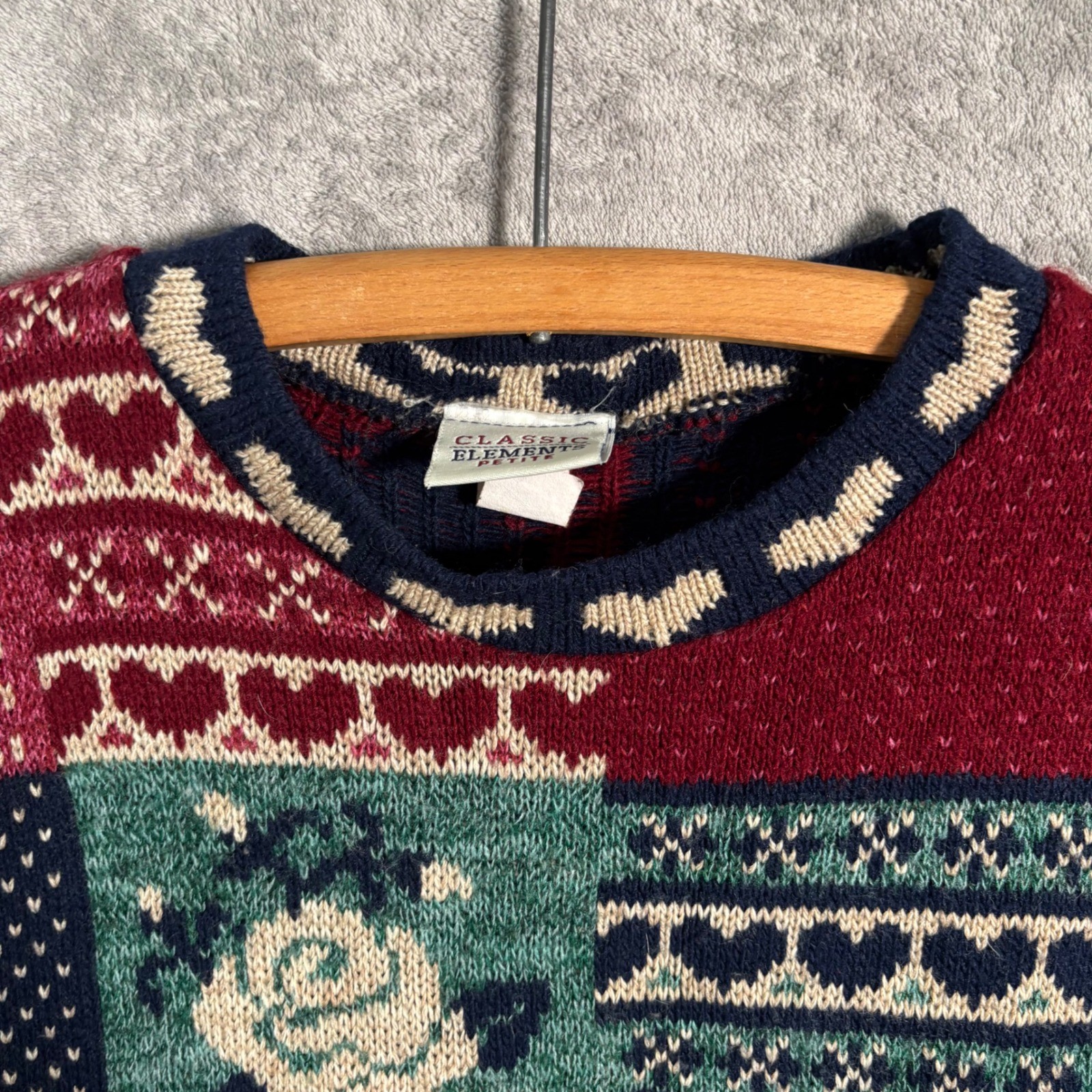 Classic Elements Vintage 90s Patchwork Heart Rose Knit Sweater Petite Large USA