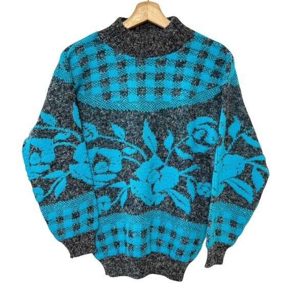 Vintage 80s Arielle USA Grey Vibrant Blue Floral Plaid Grandpa Aesthetic Sweater