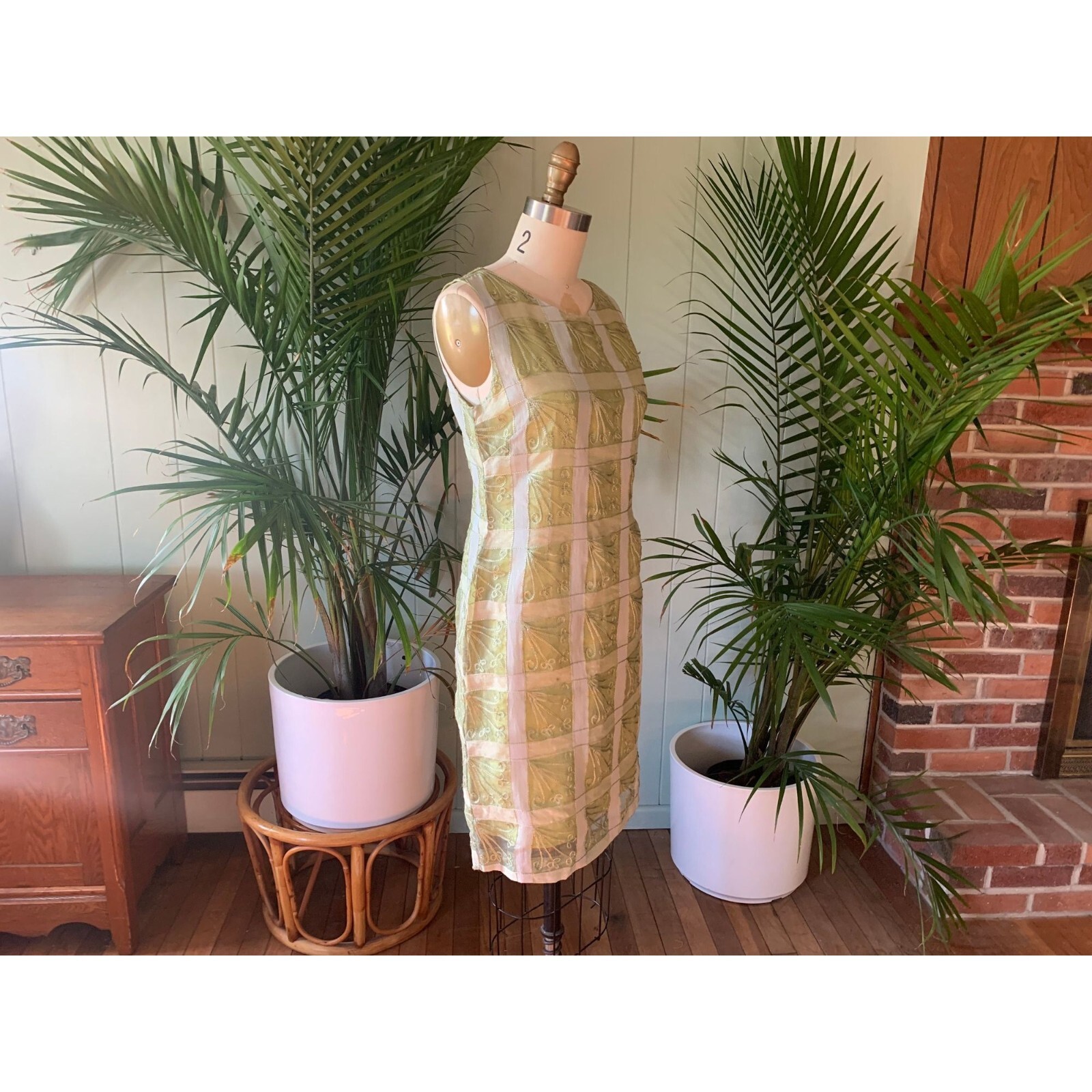 Vintage 1960s Chartreuse Green Silk Sheer Embroidered Organza Sheath Dress