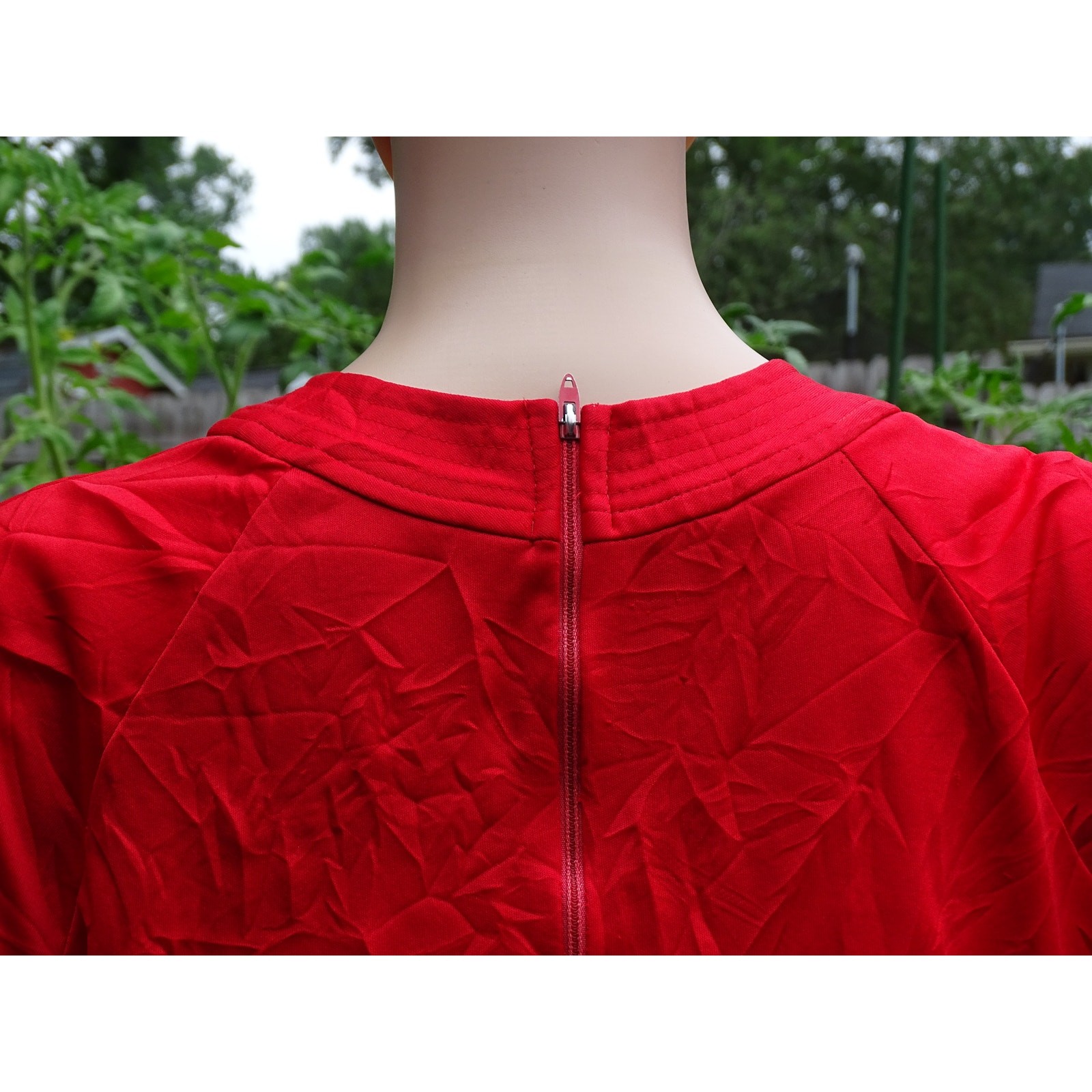 Vintage 1970s Red Blouse Womens Medium Large Gathered Pleated Retro Zipper Back