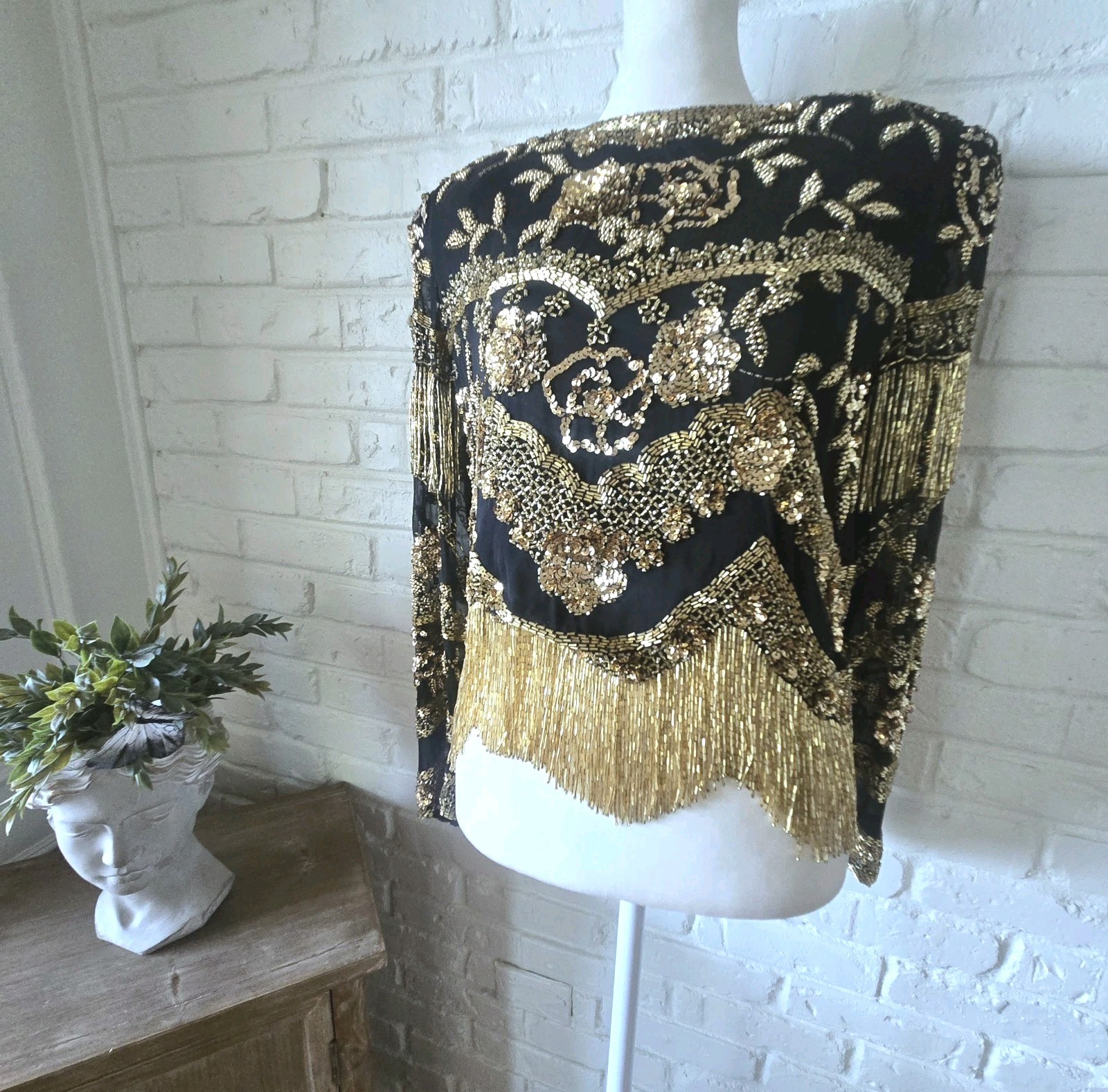 Vtg 80s 100%Silk Gold Embellished Top By Black Tie, S, Party, Formal