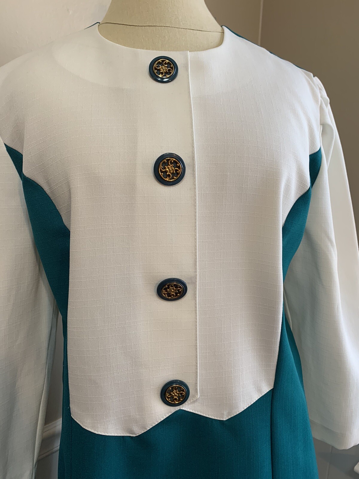 Vtg 80s Does 60s Secretary Dress Teal White Sz 16 Retro Flight Attendant Costume