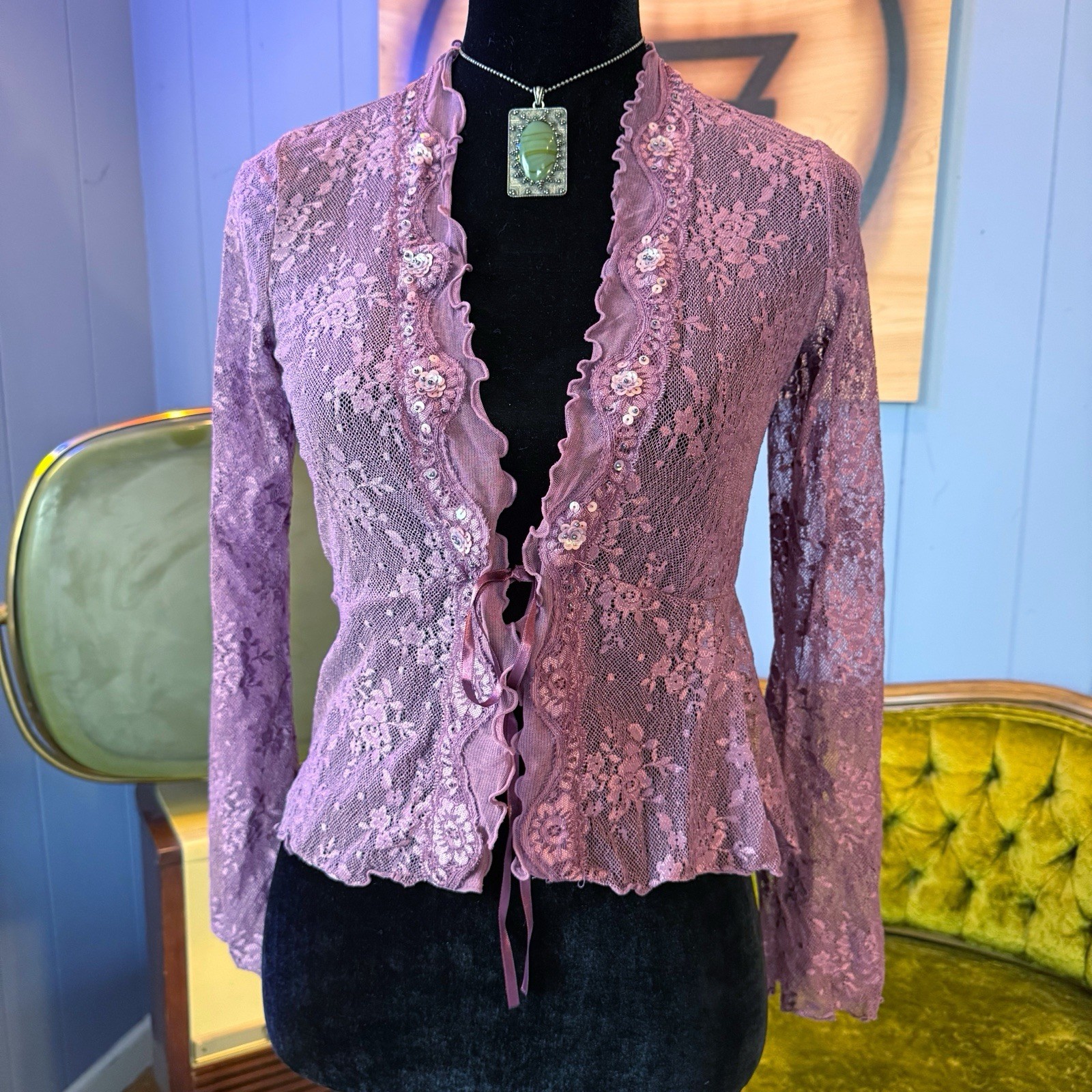 Vintage Y2K New York & Company Long Sleeve Sheer Mesh Witchy Cardigan XS