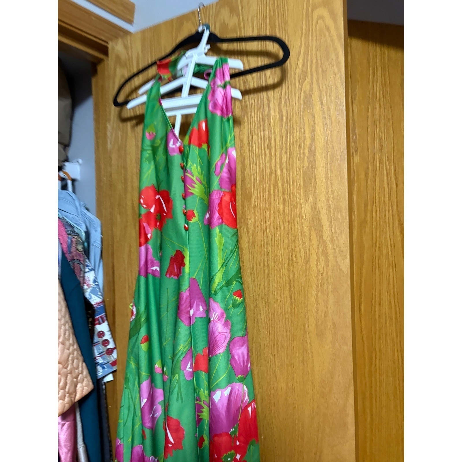 Vintage Aldens Fashions Maxi Dress Green Floral Halter Dress 70s Style Party grn