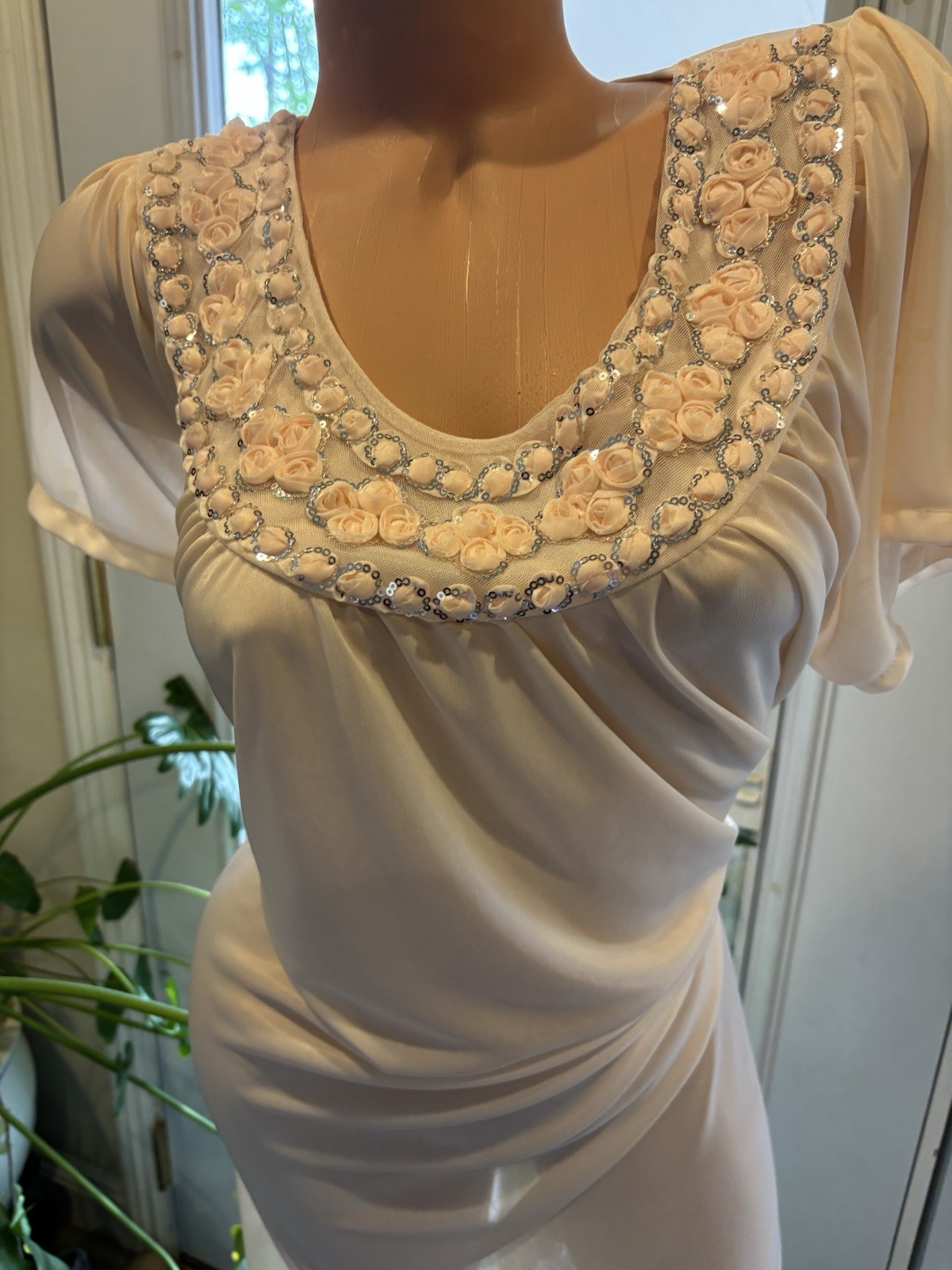 Vtg Satin Soft CreamSickle Shiny Silver Sequins Gown Sheer Long Dress Nightgown