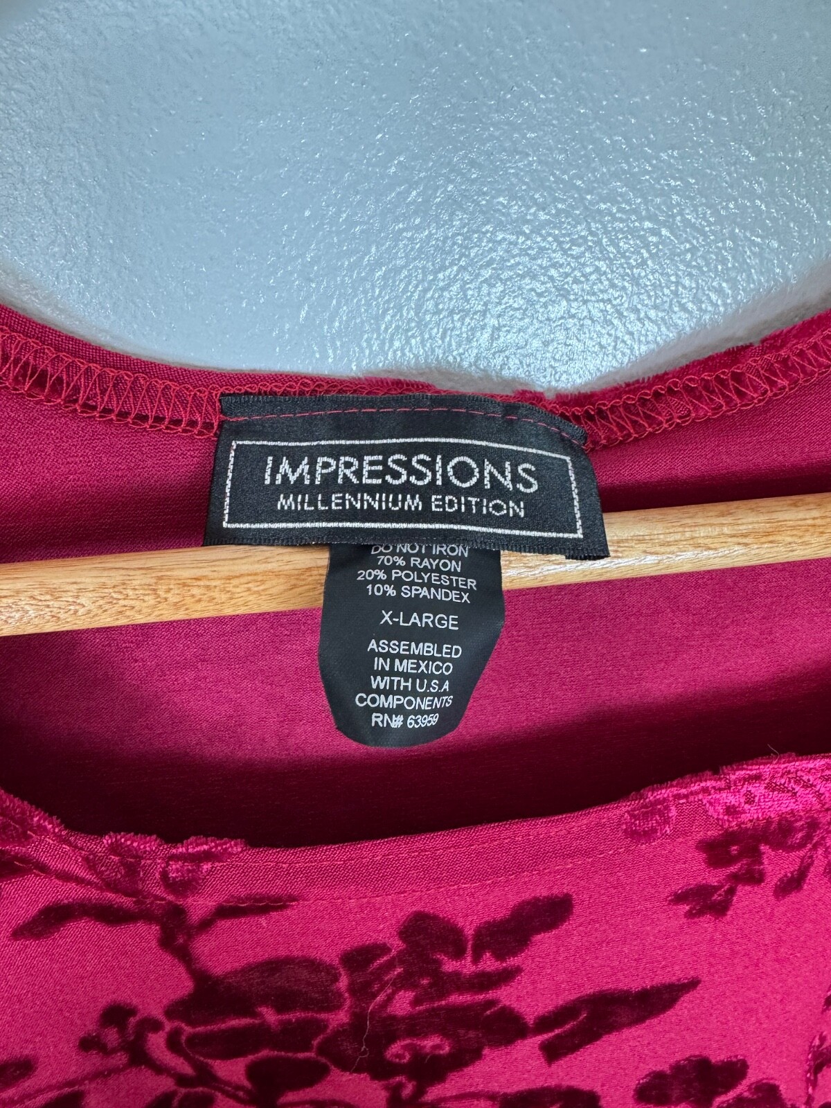 Vintage Impressions Red Velvet Embossed Floral Top, Size L/XL