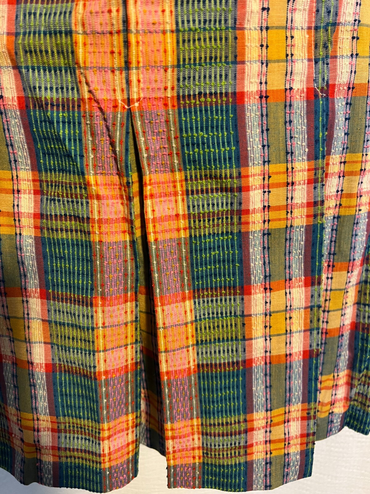 1970s Vtg 2pc Skirt Suit S Multicolored Nubby Plaid Short Sleeve Miss Pat w Belt