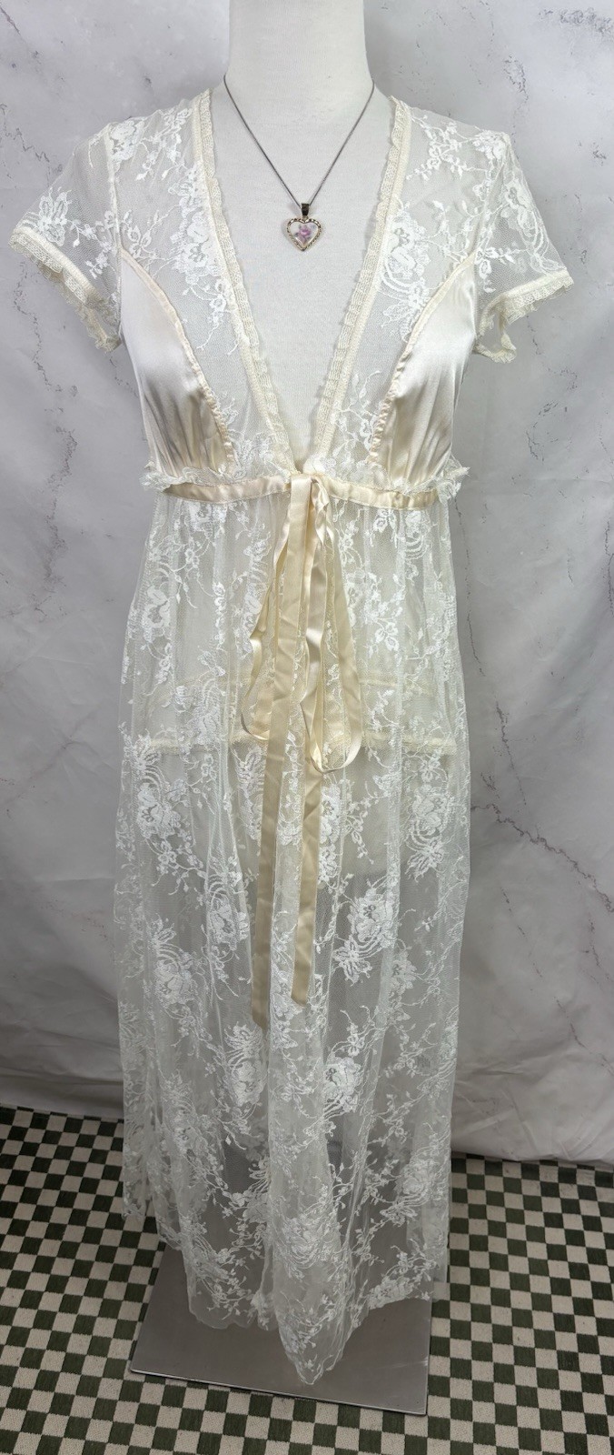 Vtg 90s CLAIRE PETTIBONE Babydoll Sheer Lace Silk Nightgown Robe Dress S Bride
