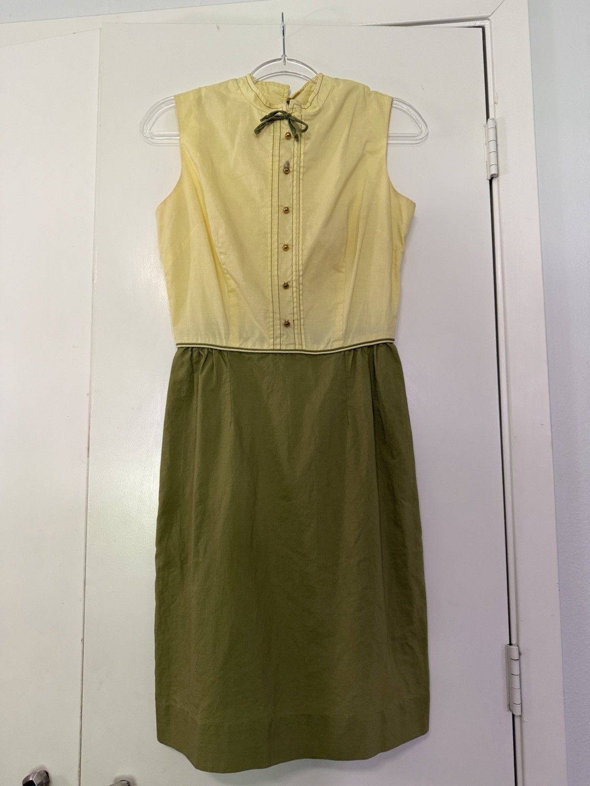 Vintage Bobbie Brooks USA Butter Yellow Olive Green Mod Shift Dress Cotton S/M