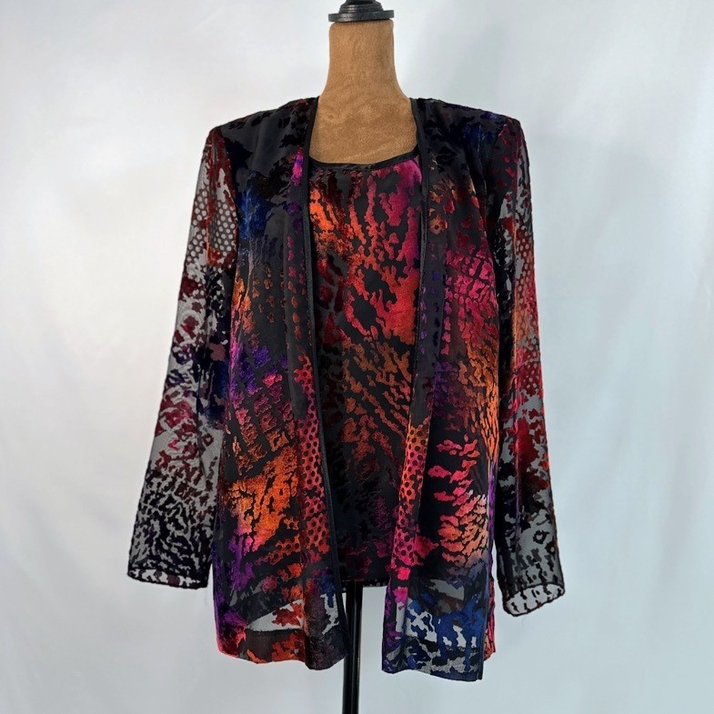 R&M Richards Jacket Top Set Women 12 Multicolor Excellent Burnout Velvet Mesh
