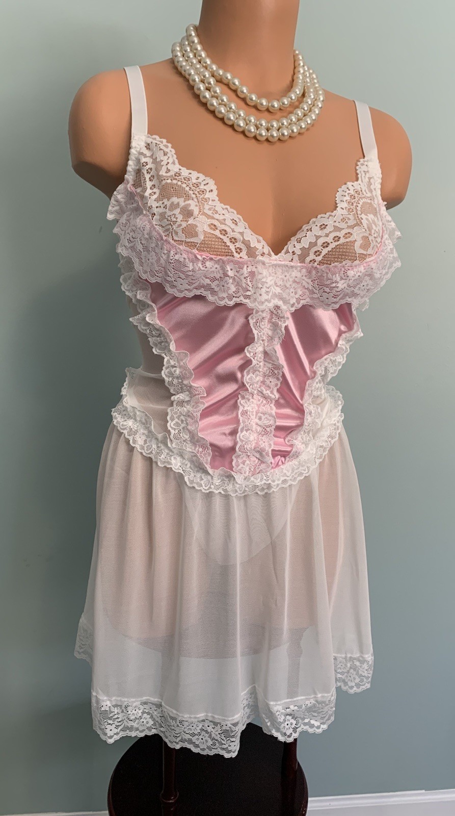 NEW Shiny Satin & Frilly Lacy Nightie 2X Babydoll Negligee Chiffon Sheer 2pc