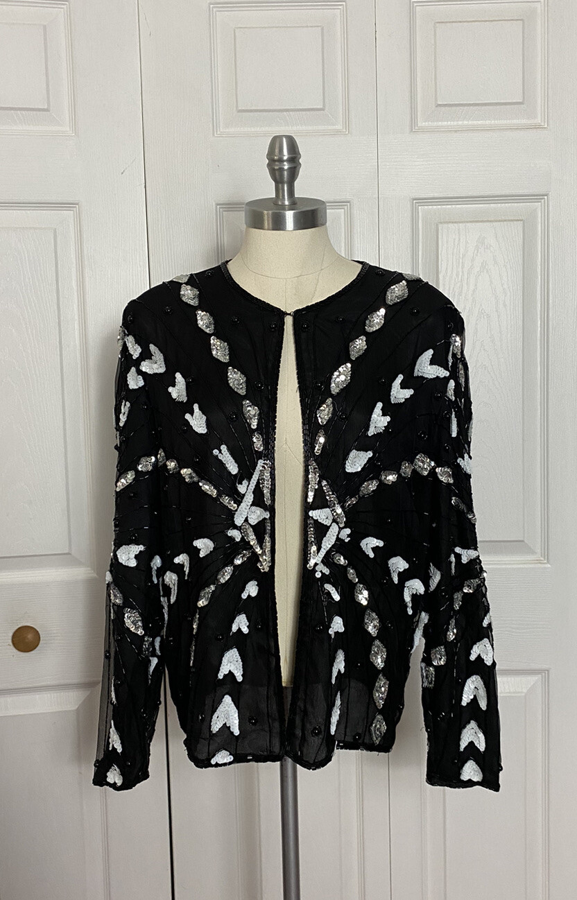 NEW Vintage Sweelo Size Small 6-8 Black Silk Beaded Jacket Bolero Sequins S