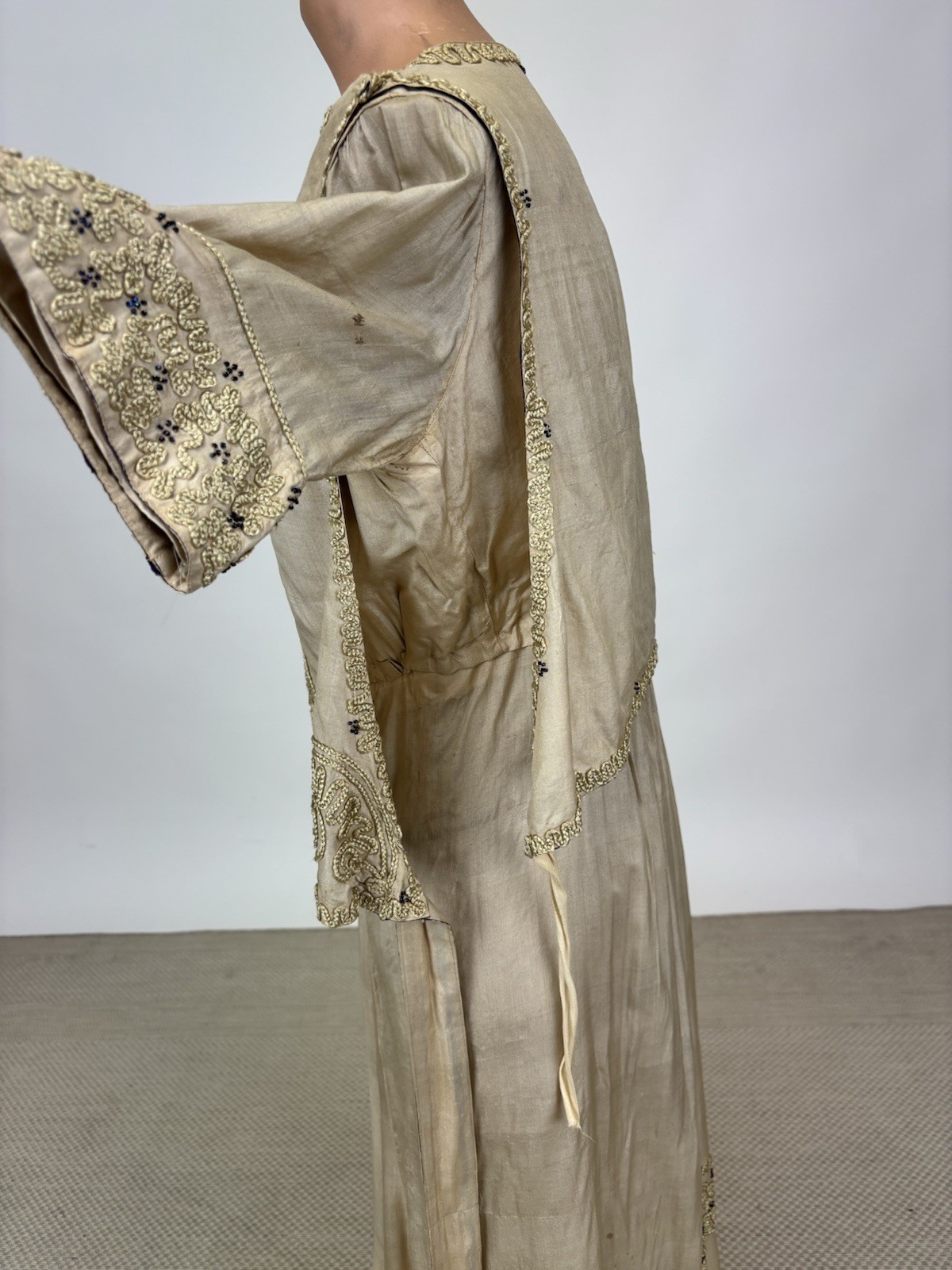 Antique Edwardian 1910s Beige Silk Day Dress Cording Blue Beads Wrap Bodice