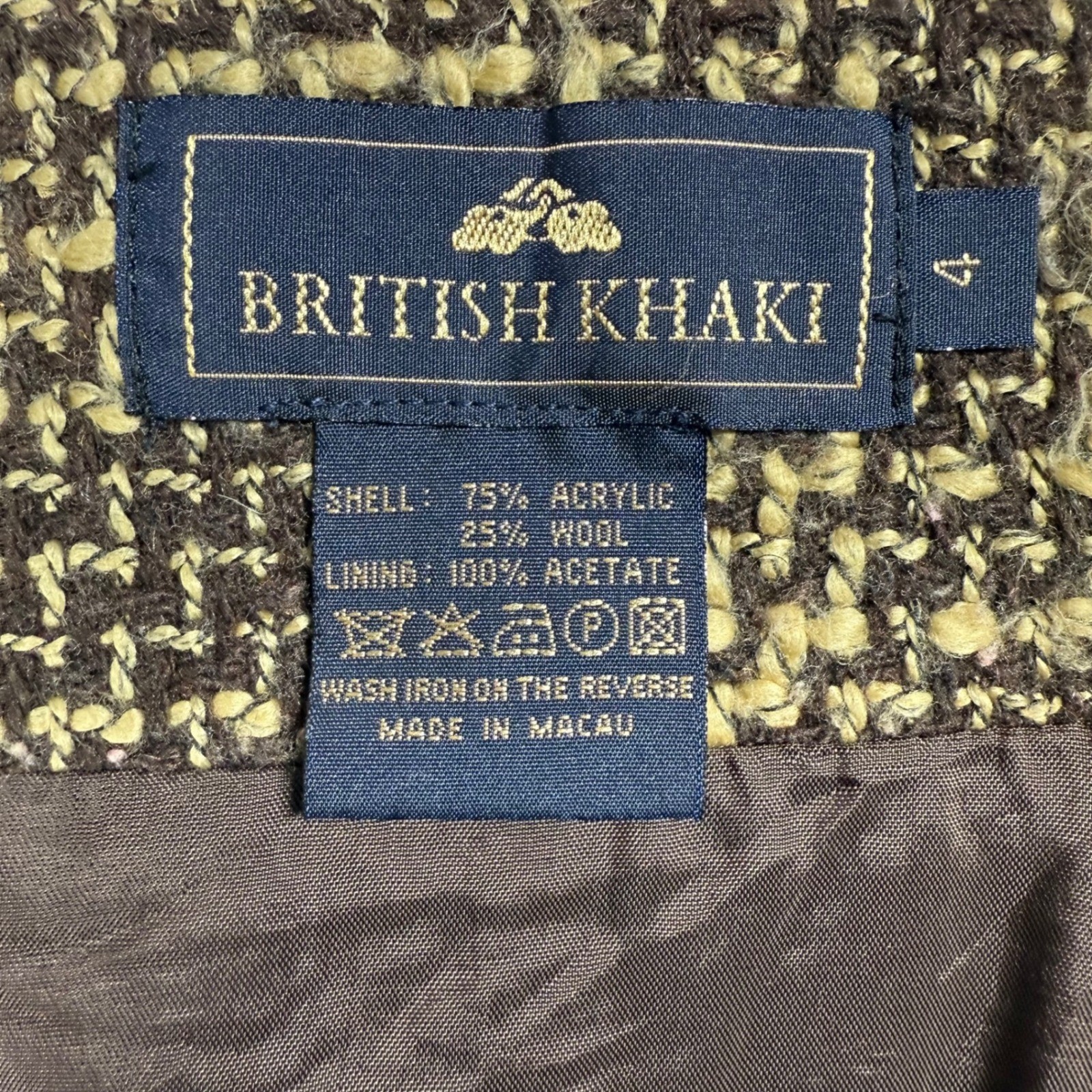 British Khaki Wool Blend Fringe Wrap Skirt Size 4 Brown Tweed Vintage Heritage