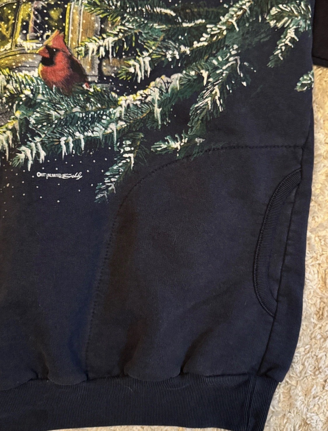 Vintage Art Unlimited Cardinal Sweatshirt XL Winter Cabin Scene Double Sided 90s