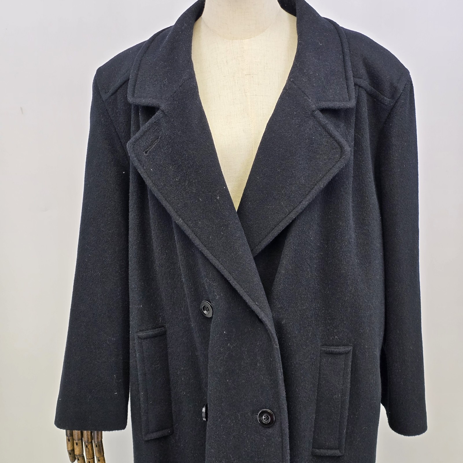 Perlette Black P-Coat Wool Blend Double Breasted Long Coat USA Made Vtg