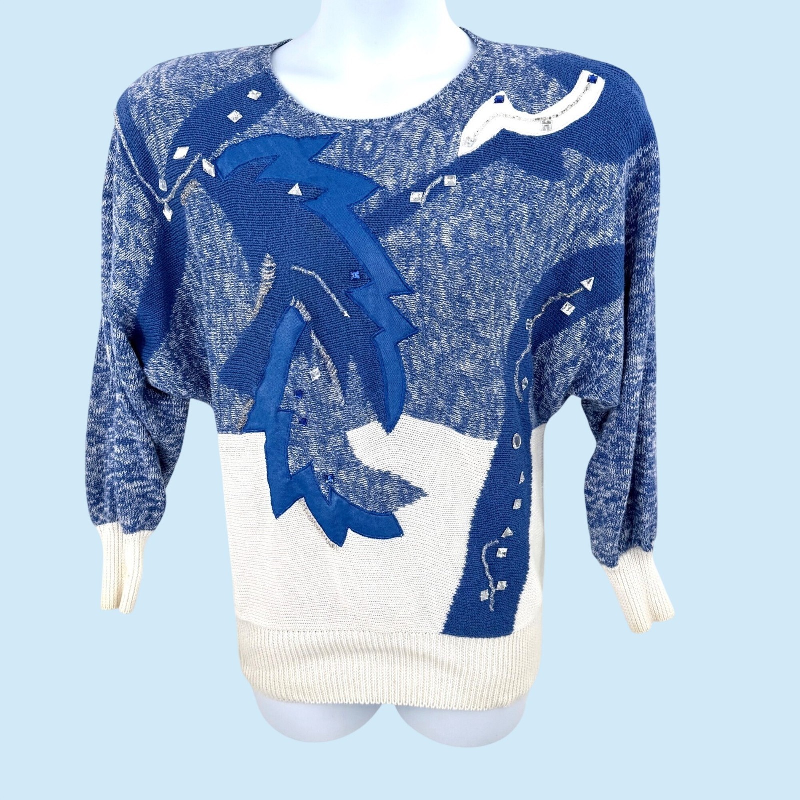 VTG PIERRE LAMONTE BLUE WHITE ABSTRACT BEAD EMBELLISHED DOLMAN SLV 80’S SWEATER
