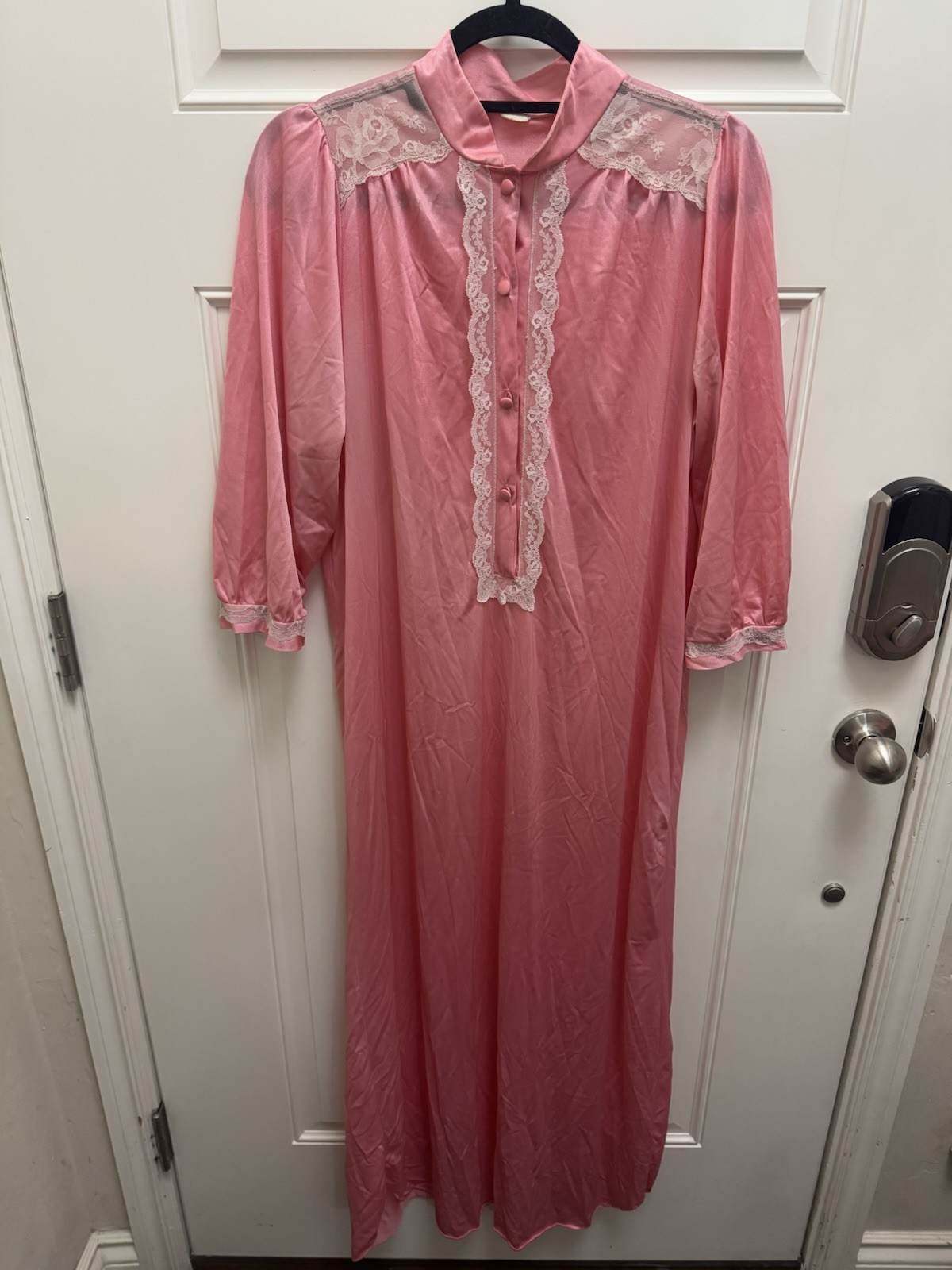 Vintage Night Gown Granny Core Long Pink Lace Buttons Soft Satin Feel