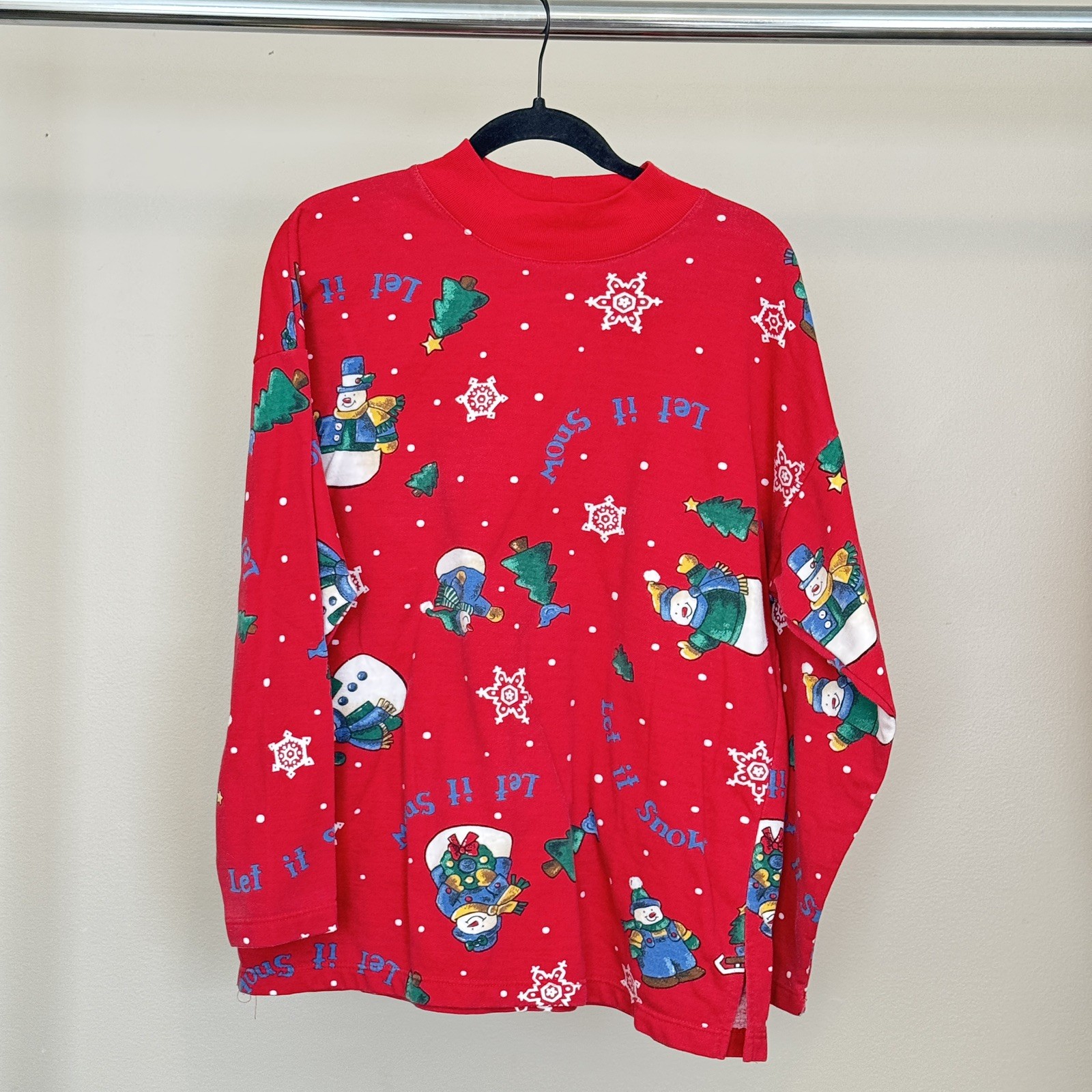 Vintage Holiday Let It Snow Mockneck Snowman Long Sleeve Womens Large Oversized