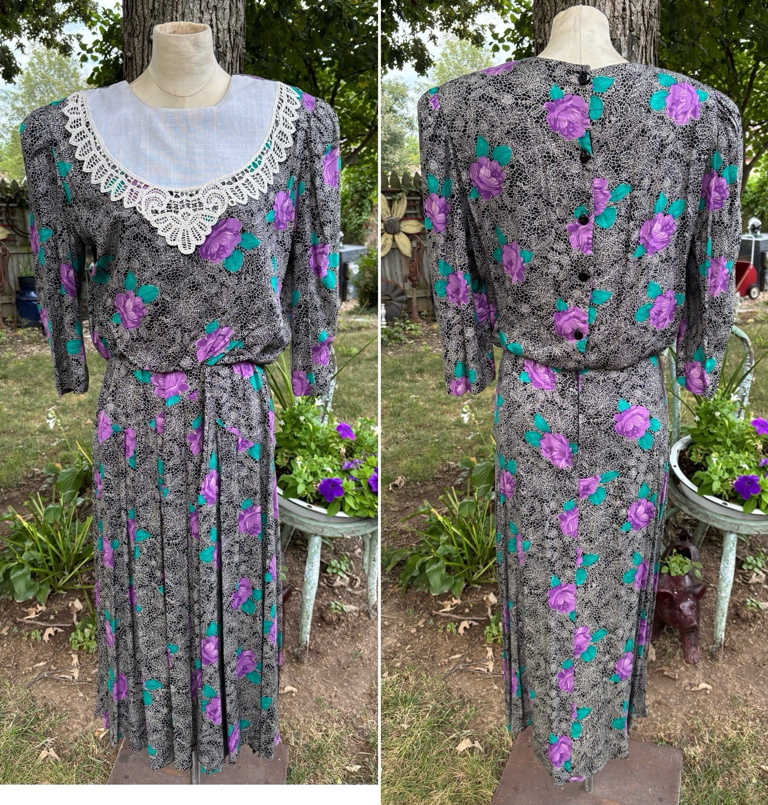 VTG 90s Floral Dress Midi Pleated Shoulder Pads Lace Collar 16P Purple Turquoise