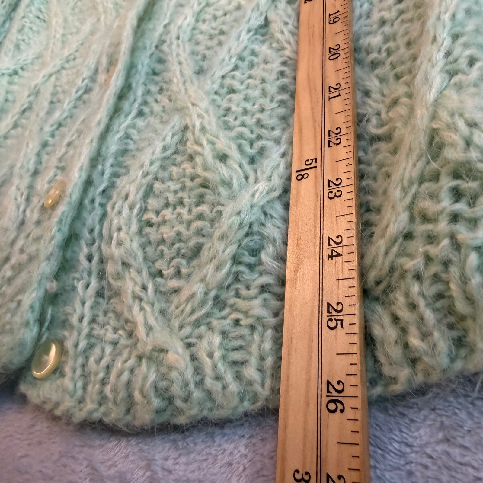 Nan Elliot Vintage Hand Knit Mohair Cardigan Shaggy Green Cable Knit Italy 38