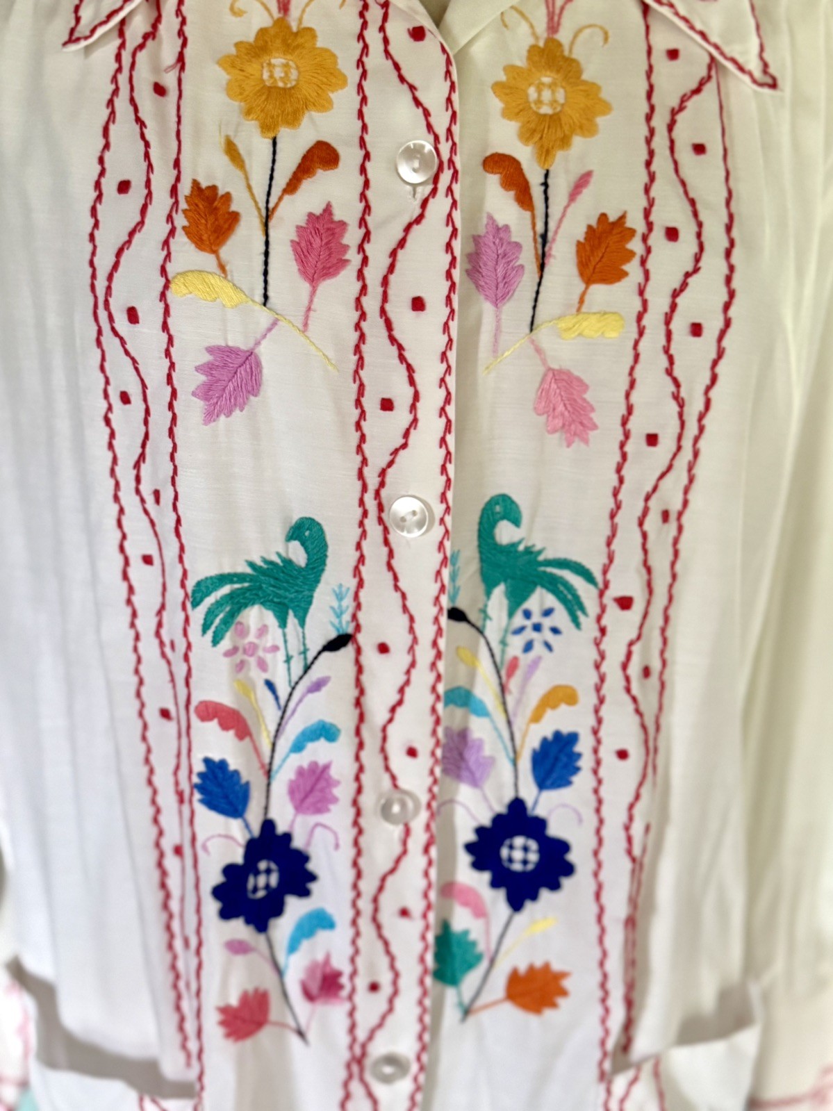 MINT 50s Cristina’s Boutique Mexican Tourist Shirt Hand Chain-Stitch Embroidery