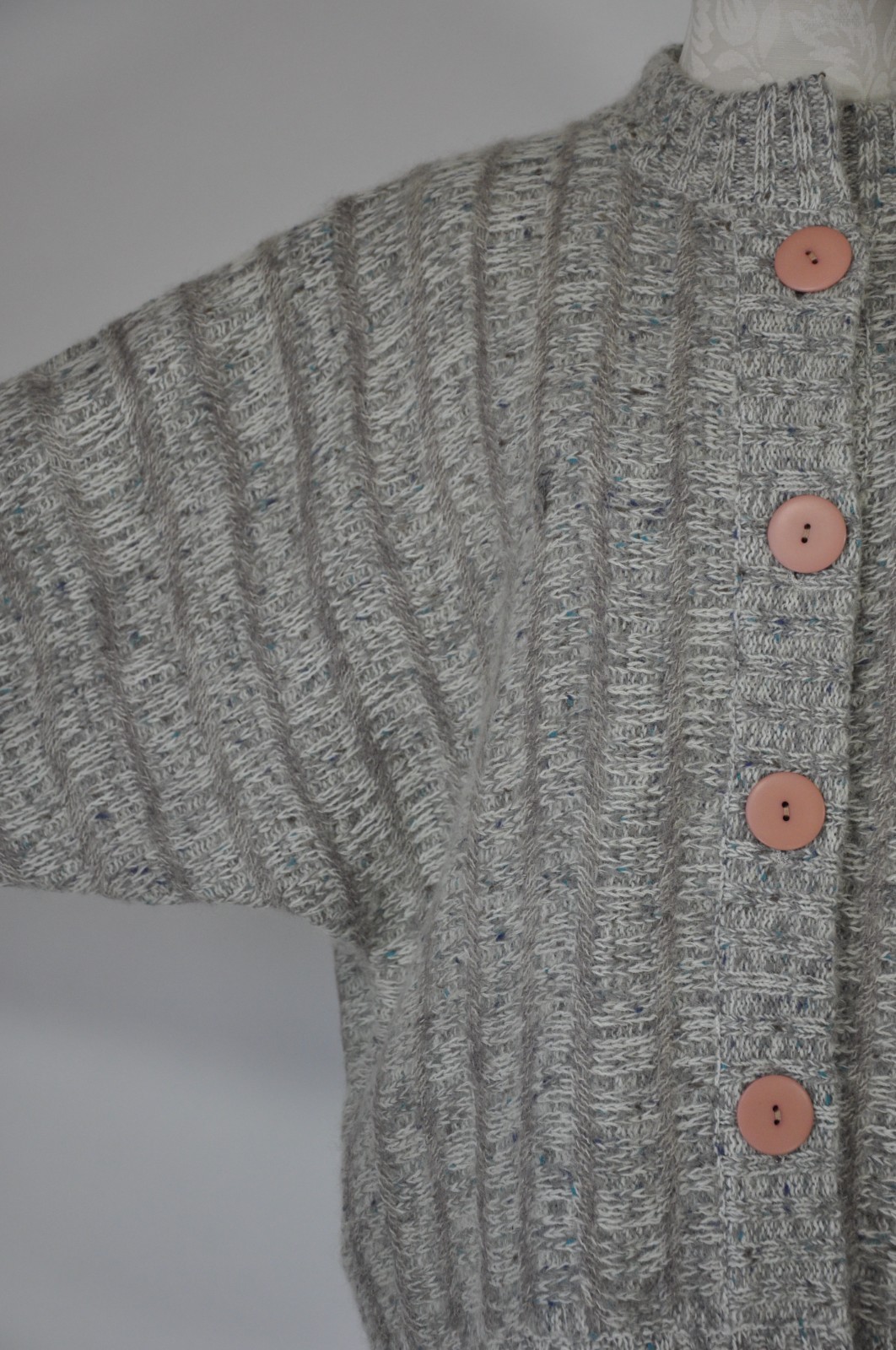 80s Vintage Gray Fuzzy Wool Mohair Buttoned Cardigan Sweater Jacket Women L XL