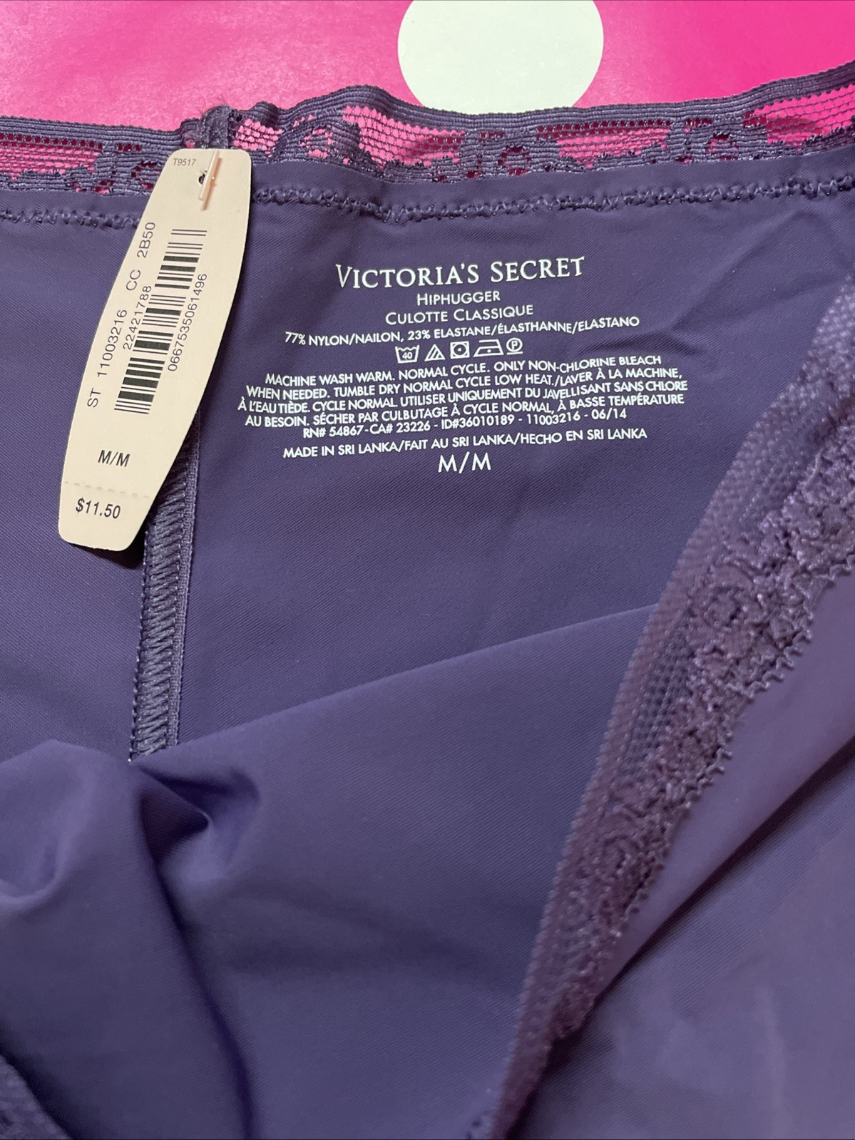 2014 Victoria Secret Vintage No Show Lace Waist Hiphugger Panties M Purple NWT